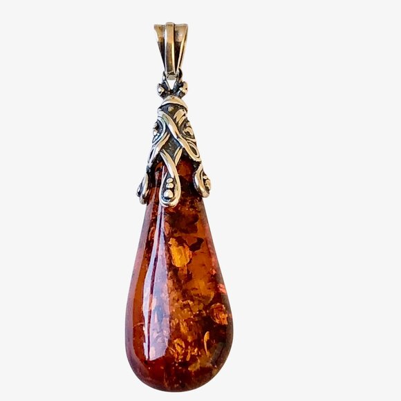 Sterling Silver Honey Baltic Amber Teardrop Pendant - Picture 5 of 11